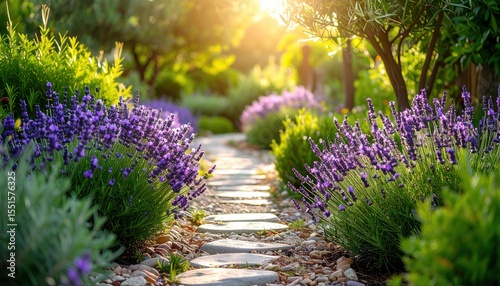 Garden Path to Serenity: A stone path meanders through a lush garden, lined with vibrant lavender and greenery, illuminated by the warm glow of the sun, creating a sense of peace and tranquility.