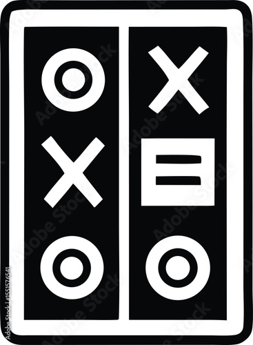 Abstract black and white graphic design featuring a grid with circles crosses and a horizontal bar symbol representing a game or puzzle