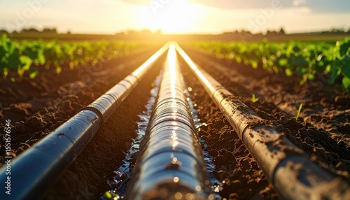 Irrigation in Sunshine: Lines of black irrigation pipes meticulously deliver life-giving water across a vibrant field, bathed in the golden light of sunrise.