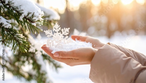 Snowflake on Hand: Close-up of hand gently holding delicate snowflake, symbolizing the beauty and purity of winter in a serene, sunlit landscape.