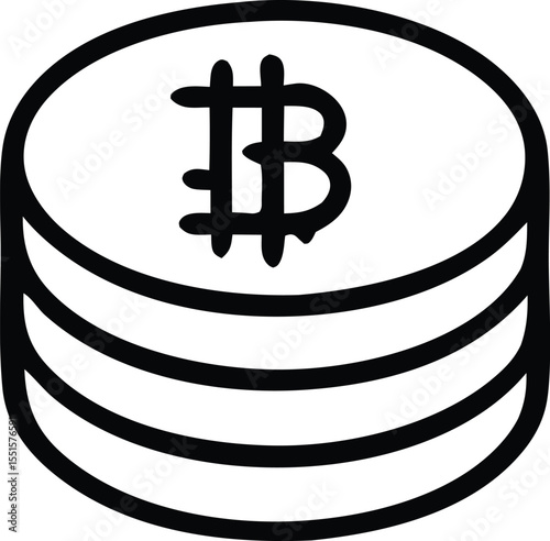 Stylized black and white outline icon of a stack of three coins featuring the prominent bitcoin symbol on the top coin