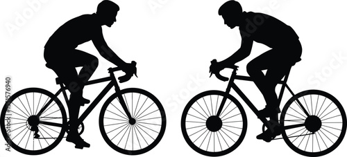 Silhouette vector illustration of two cyclists riding road bikes side by side in dynamic posture