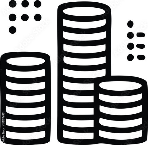 Stylized black and white icon depicting three stacks of coins of varying heights representing financial growth and wealth accumulation