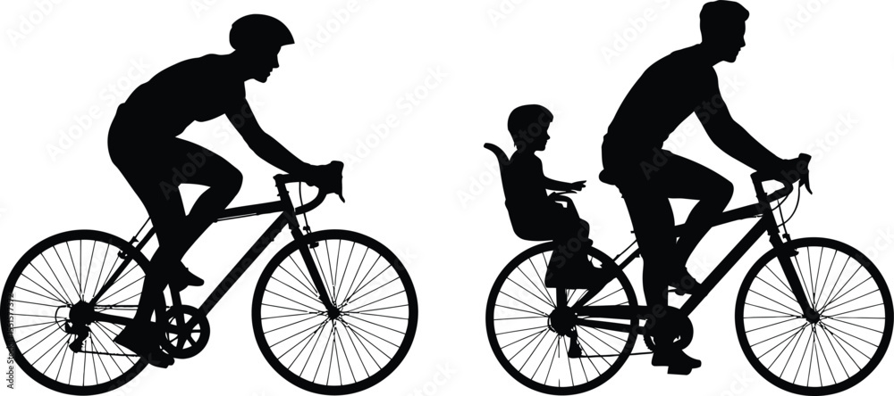 Obraz premium Silhouette vector of father cycling with child in seat and man cyclist riding on road bike