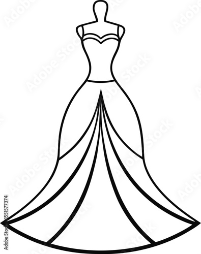 Line art of an elegant evening gown with wide hem and flared skirt.
