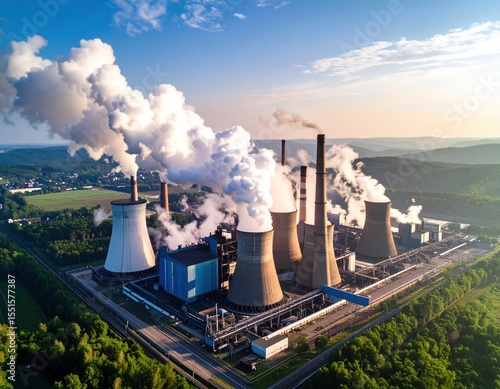 Aerial view of a power plant complex emitting thick smoke