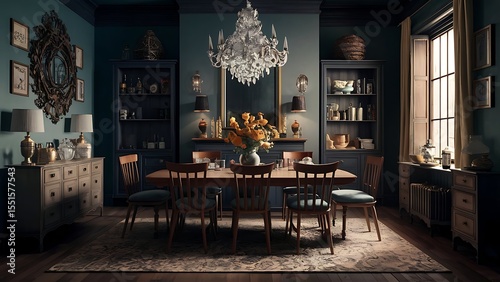 Elegant dining room with a crystal chandelier and stylish furniture arrangement featuring a rustic