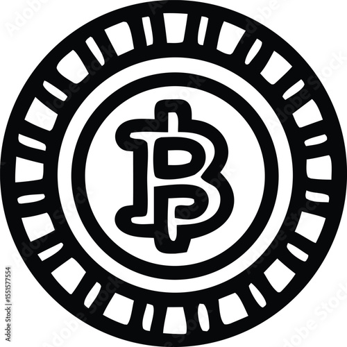 Stylized black and white bitcoin symbol coin icon with inner and outer circular bands and decorative edging