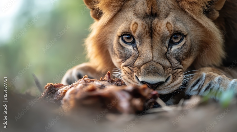 Obraz premium A majestic lion, with piercing eyes, intently observes its prey, showcasing the raw beauty and savage power of nature in a moment of predatory concentration.