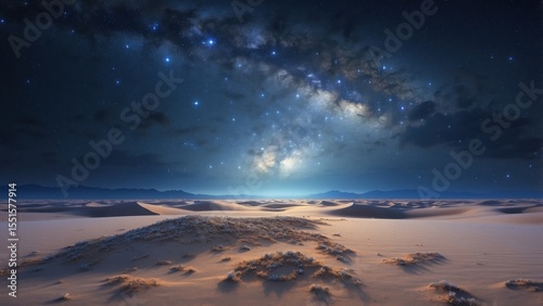 Vast Desert Landscape Under a Spectacular Starry Night Sky with the Milky Way Stretching Across the Horizon