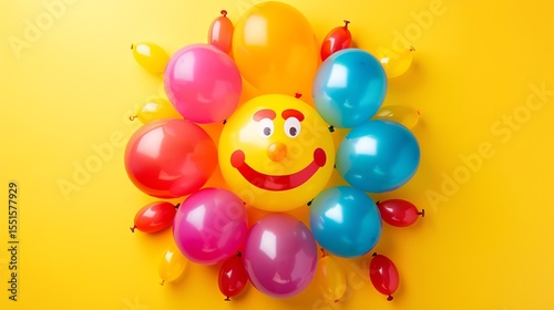 A sun-shaped arrangement of colorful balloons on a yellow background.