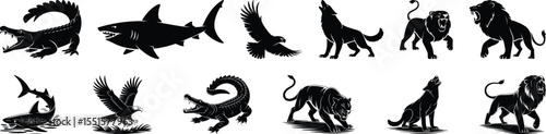 Predatory animal silhouette vector logo set including jungle, ocean, and bird wildlife species