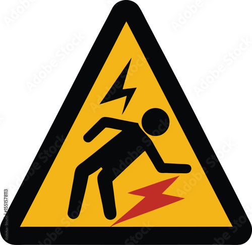 "Man being struck by a lightning bolt in triangle warning sign, symbolizing electric shock hazard"
