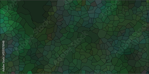 Abstract mosaic illustration featuring overlapping shapes and varying green tones with dark outlines creating a geometric art piece suitable for various design applications.