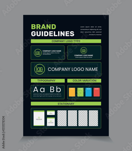 A4 Brand Guidelines Poster Layout, Simple style and modern Brand Guidelines, Brand identity Template.	
