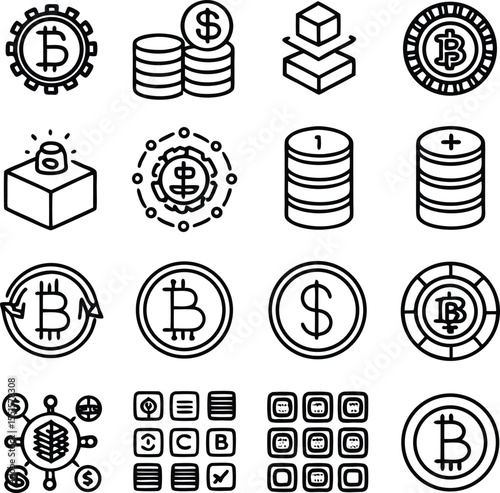 Collection of cryptocurrency and financial icons featuring bitcoin symbols stacks of coins and abstract financial representations