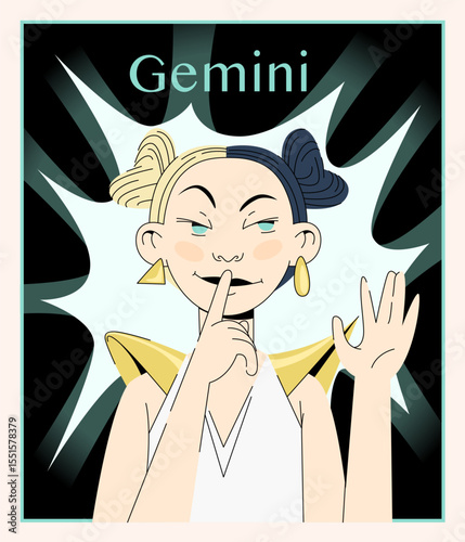 Modern vector of Gemini zodiac sign as a curious and expressive woman with contrasting elements. Use for astrological content, posters, or magic cards.