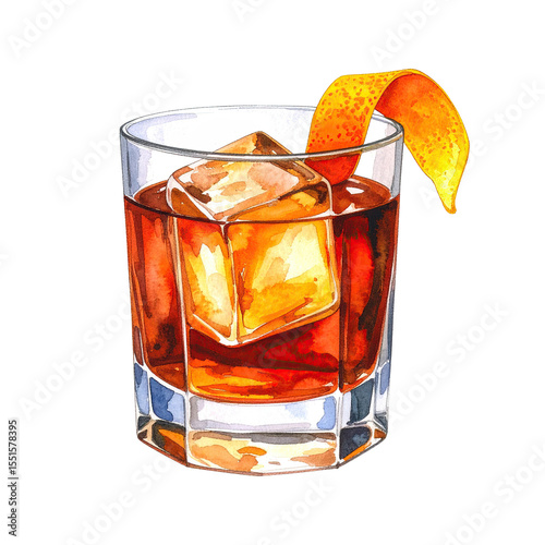 Watercolor illustration of a classic Old Fashioned cocktail. Cocktail drink watercolor illustration on transparent background.