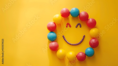Colorful balls arranged in a circle on a yellow background. The balls are arranged in a way that suggests a smiley face.