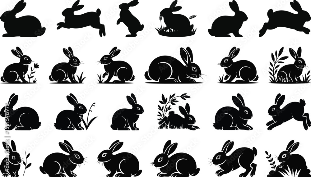 Obraz premium Cute rabbit silhouette vector collection in various poses and actions including sitting, jumping, and eating with plant elements
