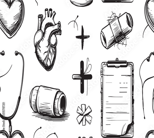 Hand-Drawn Medical Elements Illustration with Heart, Stethoscope, and Clipboard

