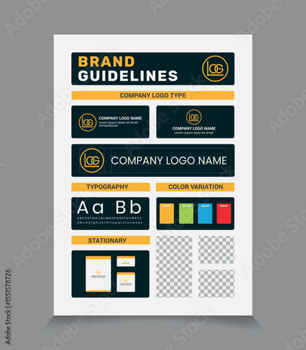 A4 Brand Guidelines Poster Layout, Simple style and modern Brand Guidelines, Brand identity Template.	