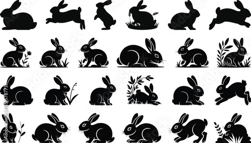 Cute rabbit silhouette vector collection in various poses and actions including sitting, jumping, and eating with plant elements