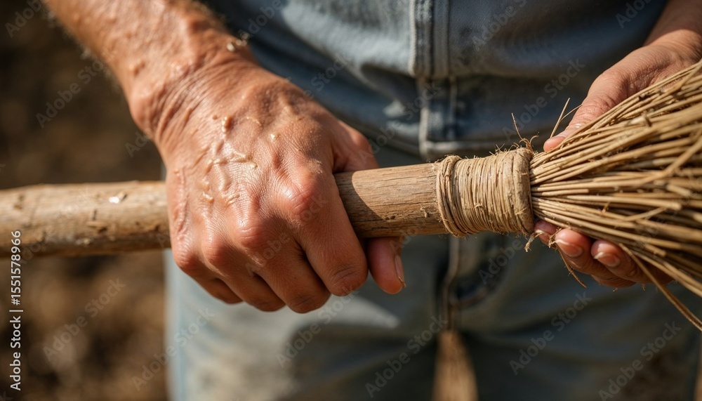 Fototapeta premium Farmer holding handmade broom with calloused hands in field