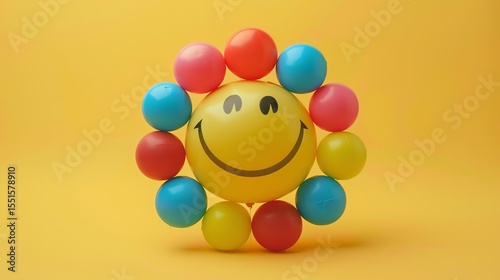 3D rendering of a yellow smiley face balloon with red, blue, pink, and yellow balloons around it on a yellow background.