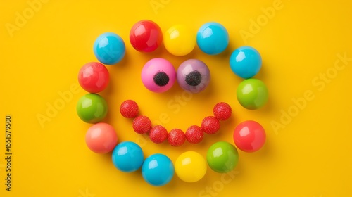 Colorful balls arranged in a circle on a yellow background. The balls are of different colors, including red, blue, green, yellow, and pink.