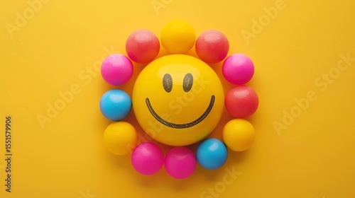 3D rendering of a yellow smiley face surrounded by colorful balls on a yellow background.