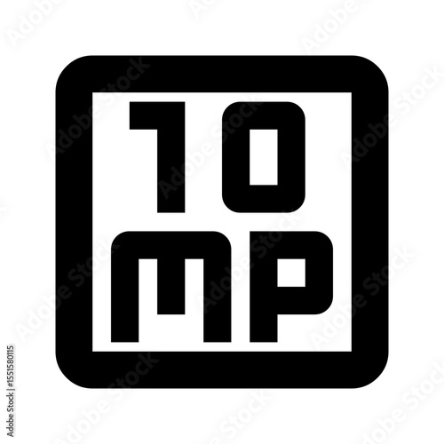 Ten megapixel resolution icon, bold black text in a square.