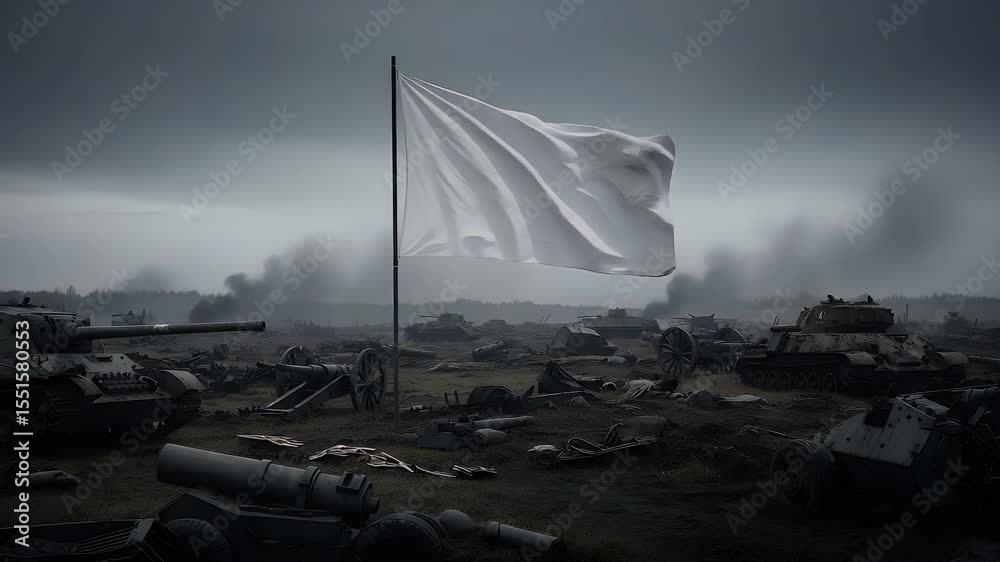 A pixelated battlefield scene shows a white flag waving amidst tanks and debris with a somber atmosphere under a gray sky evoking conflict and surrender.
