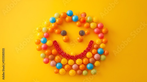 Colorful candy balls arranged in the shape of a smiley face on a yellow background.