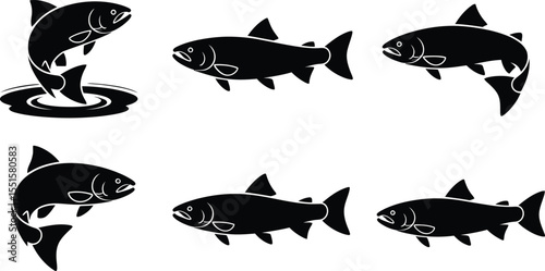 Salmon fish silhouette vector set, collection of jumping and swimming salmon icon in black isolated style