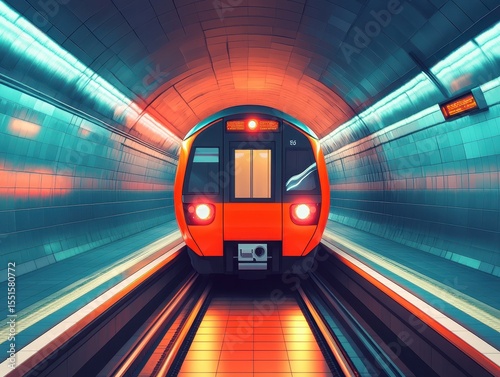 Vibrant Underground Metro Train Approaching in a Futuristic Tunnel with Illuminated Tile Walls and Reflective Surface at Urban Subway Station