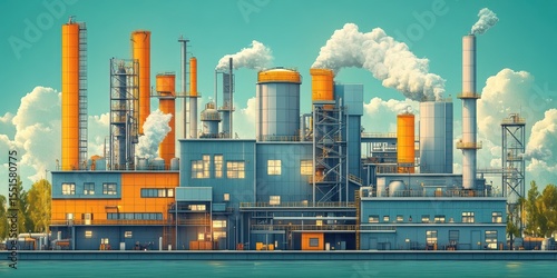Illustrative Image of a Large Industrial Factory with Chimneys Emitting Smoke Surrounded by Lush Greenery Under a Clear Blue Sky