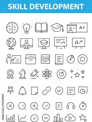 Skill Development and Learning Line Icons,  Brain, Training, Online Course, Certificate, Goal, Knowledge, Strategy, and More,  Editable Formats: AI, EPS, JPG, PNG – Ideal for Both Digital and Print Us
