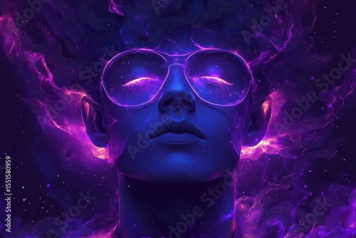 Vibrant Artistic Portrait Highlighting a Futuristic Theme with Neon Purple Aesthetic, featuring Abstract Visual Elements and Eye-catching Design