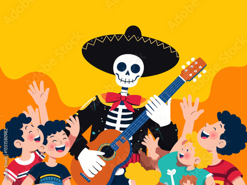 a mariachi skeleton in a sombrero, playing guitar and singing to a group of children, the children are cheering and happy