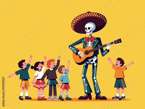 a mariachi skeleton in a sombrero, playing guitar and singing to a group of children, the children are cheering and happy