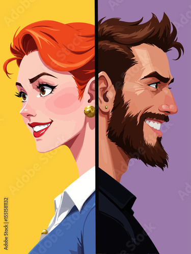 A colorful pop-art style illustration in landscape format On the left side, a stylized side-profile of a beautiful woman with red hair and a determined