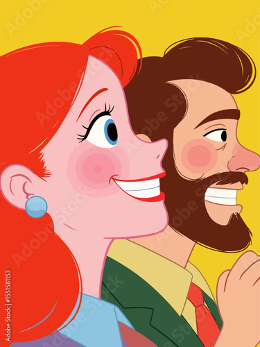 A colorful pop-art style illustration in landscape format On the left side, a stylized side-profile of a beautiful woman with red hair and a determined