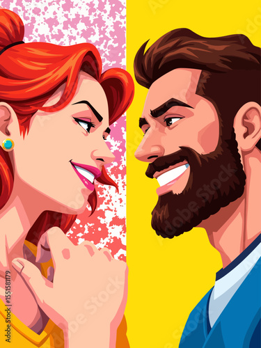 A colorful pop-art style illustration in landscape format On the left side, a stylized side-profile of a beautiful woman with red hair and a determined