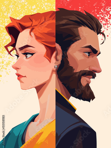 A colorful pop-art style illustration in landscape format On the left side, a stylized side-profile of a beautiful woman with red hair and a determined