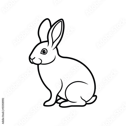 Line Art Depiction of a Seated Rabbit Featuring Detailed Ears, Rounded Body, and Expressive Eye in Black and White