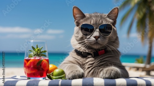 A cool cat enjoys a refreshing beverage on a sunny beach vacation surrounded by tropical palm trees and crystal clear ocean water