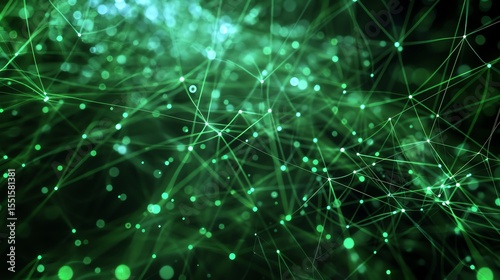 Glowing green particles form a complex network, representing connections and data exchange in a digital age.