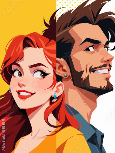 A colorful pop-art style illustration in landscape format On the left side, a stylized side-profile of a beautiful woman with red hair and a determined