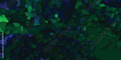 Vibrant green and blue mosaic illustration of a forest canopy with irregular geometric shapes displaying a naturalistic composition.